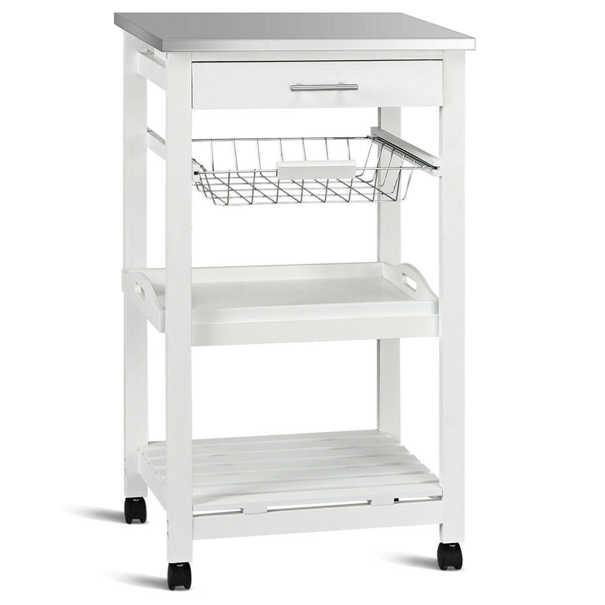 White Kitchen Cart with Storage Drawer and Stainless Steel Top - FurniFindUSA