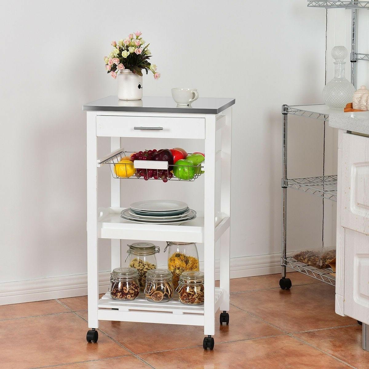 White Kitchen Cart with Storage Drawer and Stainless Steel Top - FurniFindUSA