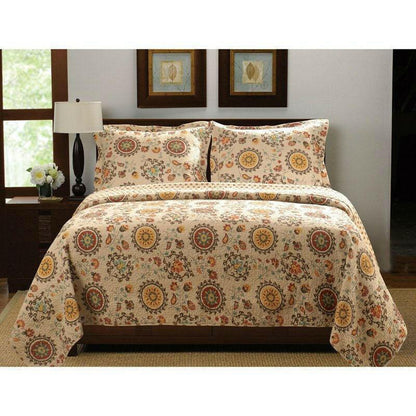 King Retro Moon Shaped Floral Medallion Reversible 3 Piece Quilt Set - FurniFindUSA