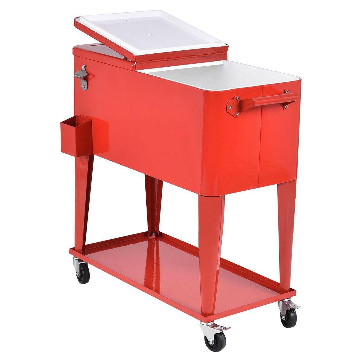 80 Quart Red Sturdy Rolling Steel Construction Cooler - FurniFindUSA