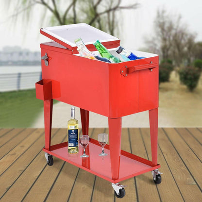 80 Quart Red Sturdy Rolling Steel Construction Cooler - FurniFindUSA