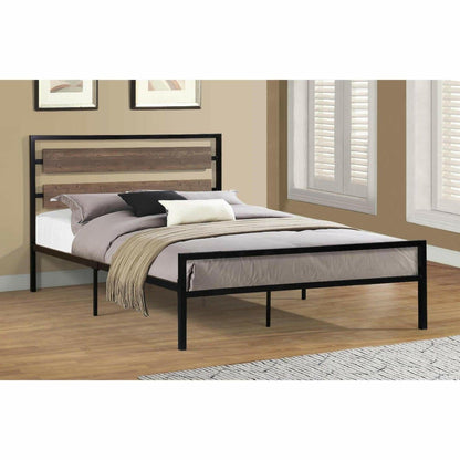 Queen Size Industrial Metal Platform Bed Frame with Wood Panel Headboard - FurniFindUSA