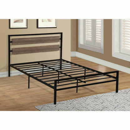 Queen Size Industrial Metal Platform Bed Frame with Wood Panel Headboard - FurniFindUSA