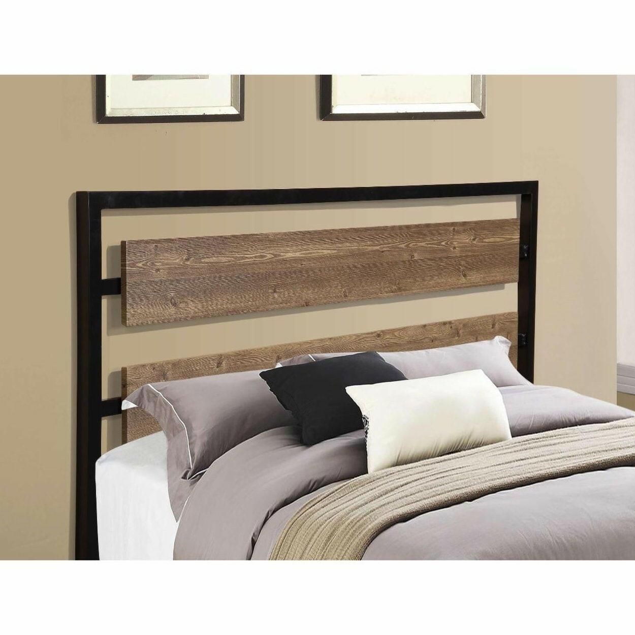 Queen Size Industrial Metal Platform Bed Frame with Wood Panel Headboard - FurniFindUSA