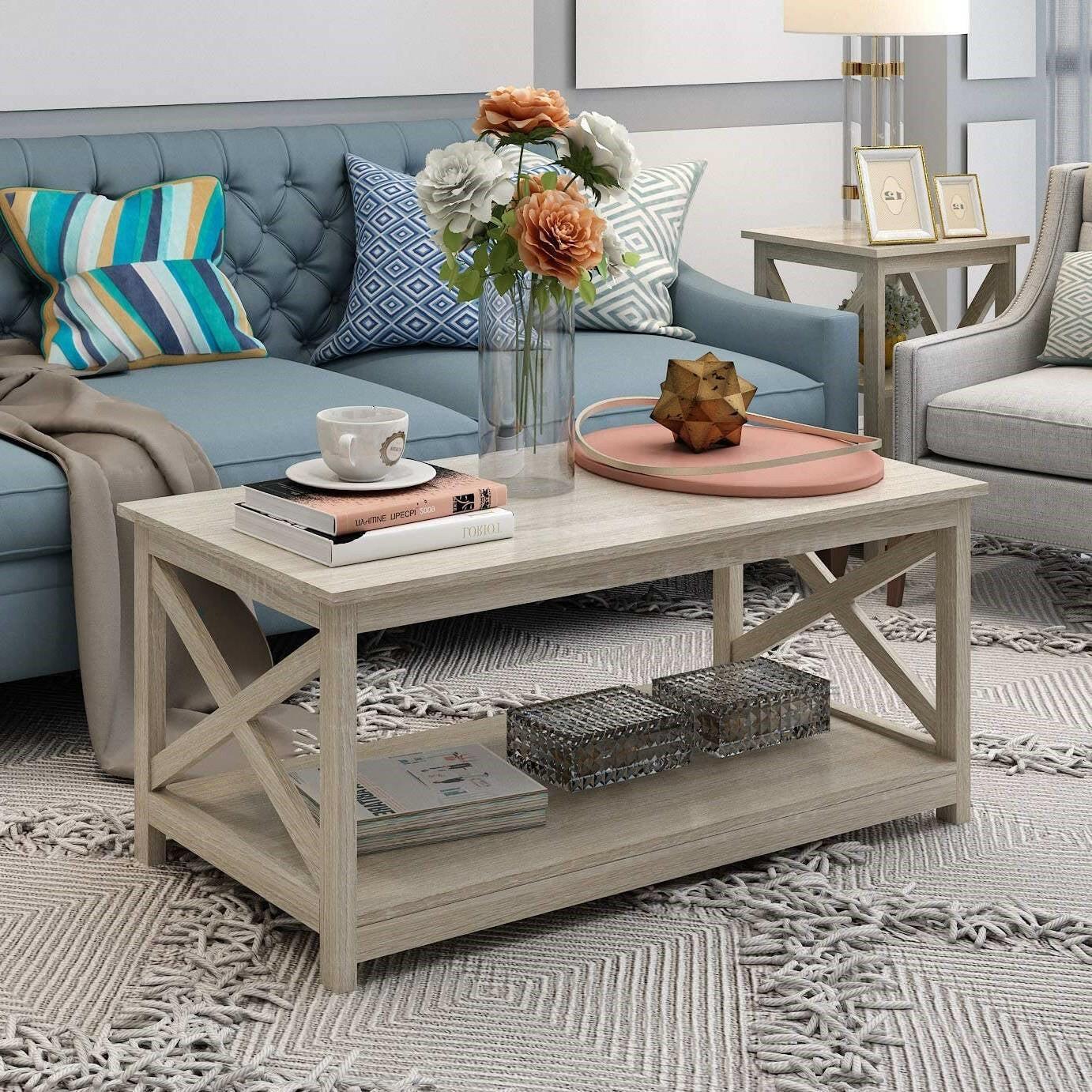 Contemporary Farmhouse Coffee Table in Rustic White Oak Wood Finish - FurniFindUSA