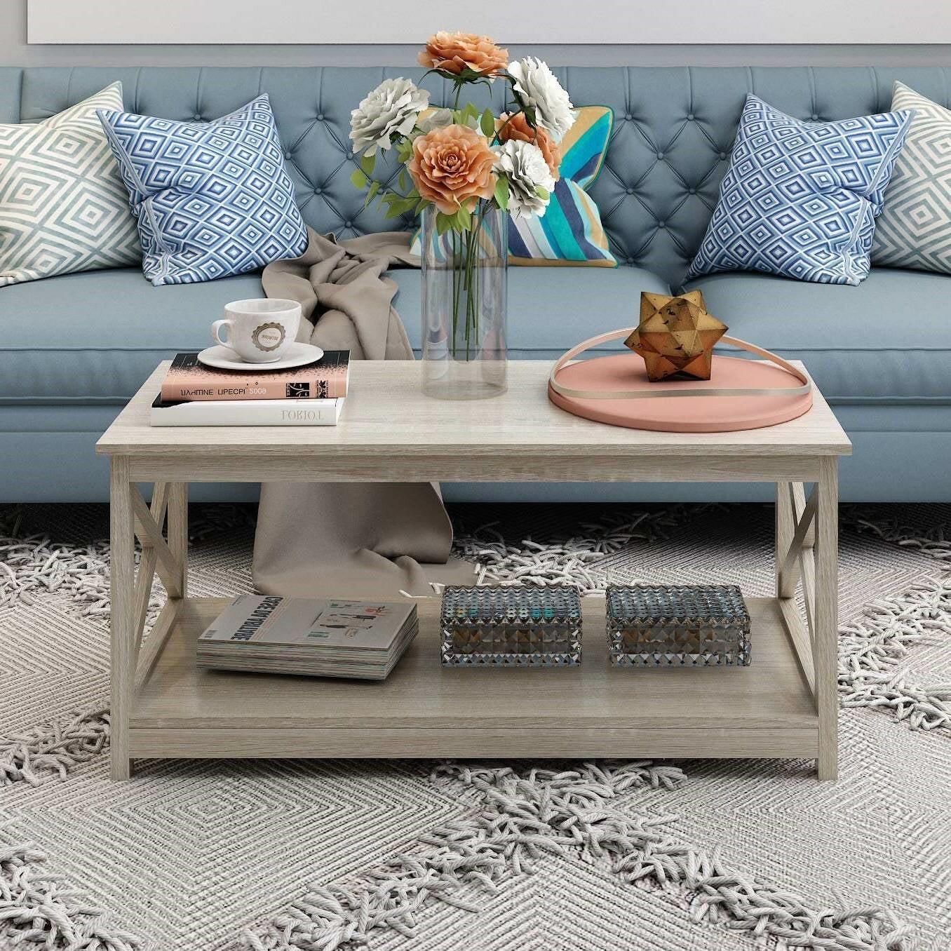 Contemporary Farmhouse Coffee Table in Rustic White Oak Wood Finish - FurniFindUSA