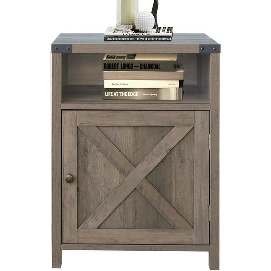 Farmhouse Style End Table Barn Door Nightstand with Open Shelf in Rustic Oak - FurniFindUSA