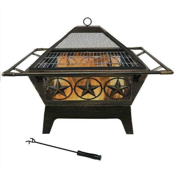 Square Outdoor Steel Wood Burning Fire Pit with Star Design - FurniFindUSA