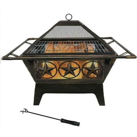 Square Outdoor Steel Wood Burning Fire Pit with Star Design - FurniFindUSA