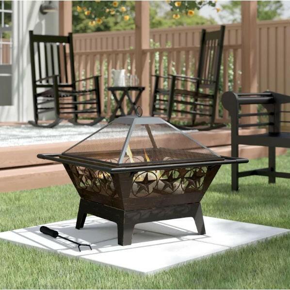 Square Outdoor Steel Wood Burning Fire Pit with Star Design - FurniFindUSA