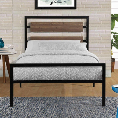 Twin Size Industrial Metal Platform Bed Frame with Wood Panel Headboard - FurniFindUSA