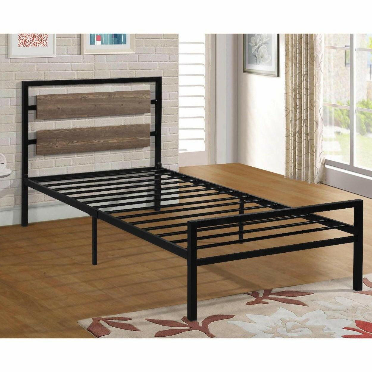 Twin Size Industrial Metal Platform Bed Frame with Wood Panel Headboard - FurniFindUSA