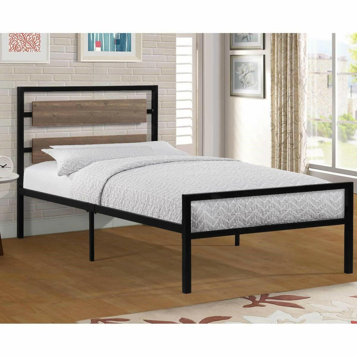 Twin Size Industrial Metal Platform Bed Frame with Wood Panel Headboard - FurniFindUSA