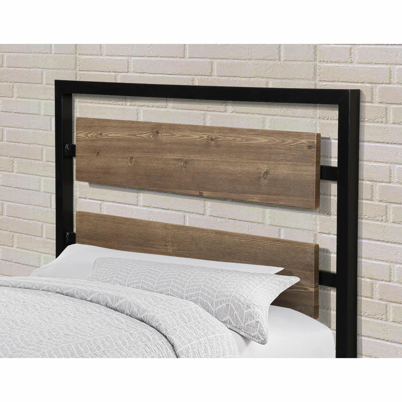 Twin Size Industrial Metal Platform Bed Frame with Wood Panel Headboard - FurniFindUSA