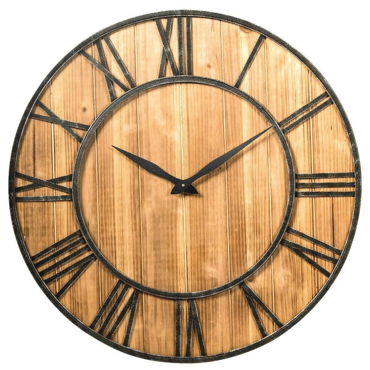 Round Wood 30-inch Roman Numeral Silent Wall Clock - FurniFindUSA