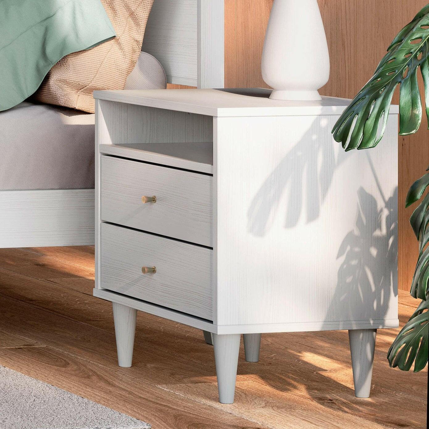 Farmhouse Rustic White Mid Century 2 Drawer Nightstand - FurniFindUSA