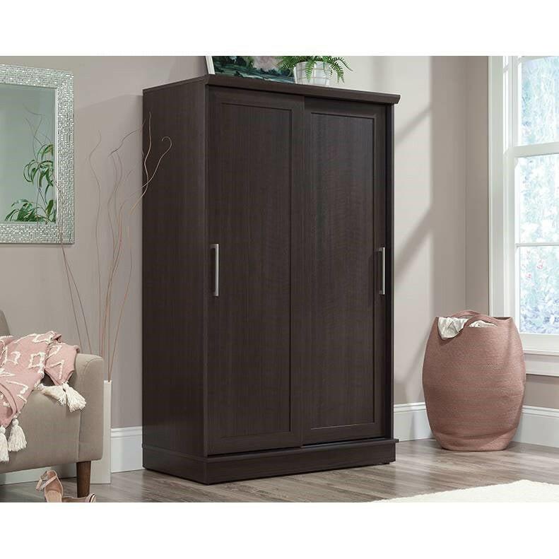 FarmHouse Espresso Oak Sliding Doors Garment Rod Wardrobe Armoire - FurniFindUSA