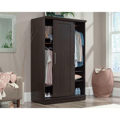 FarmHouse Espresso Oak Sliding Doors Garment Rod Wardrobe Armoire - FurniFindUSA