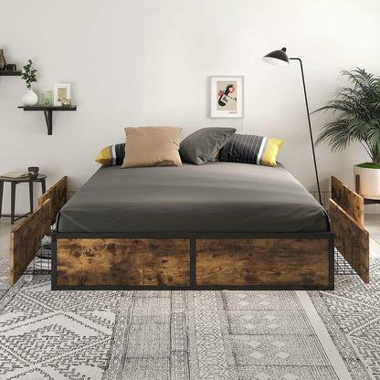 Queen Metal Wood Platform Bed Frame with 4 Storage Drawers - 800 lbs Max Weight - FurniFindUSA