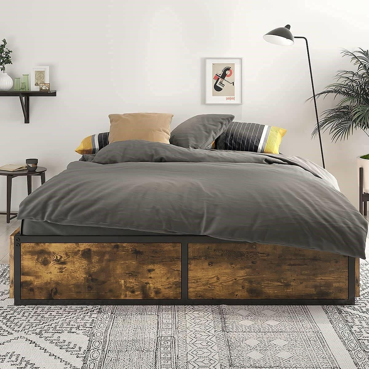 Queen Metal Wood Platform Bed Frame with 4 Storage Drawers - 800 lbs Max Weight - FurniFindUSA