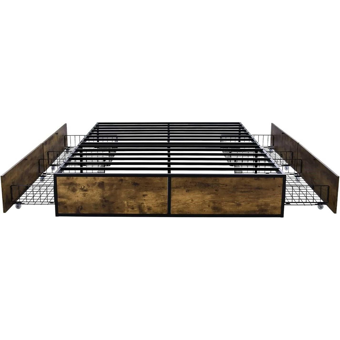 Queen Metal Wood Platform Bed Frame with 4 Storage Drawers - 800 lbs Max Weight - FurniFindUSA