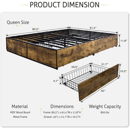 Queen Metal Wood Platform Bed Frame with 4 Storage Drawers - 800 lbs Max Weight - FurniFindUSA