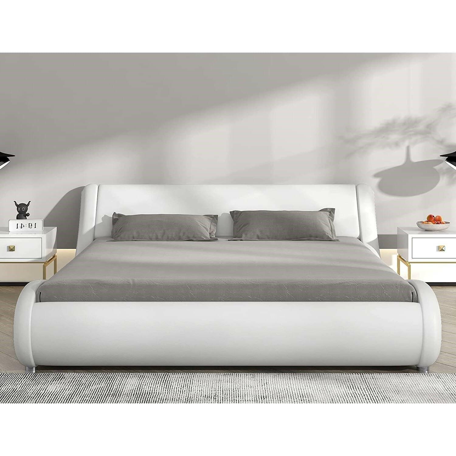 King Modern White Faux Leather Upholstered Platform Bed Frame with Headboard - FurniFindUSA