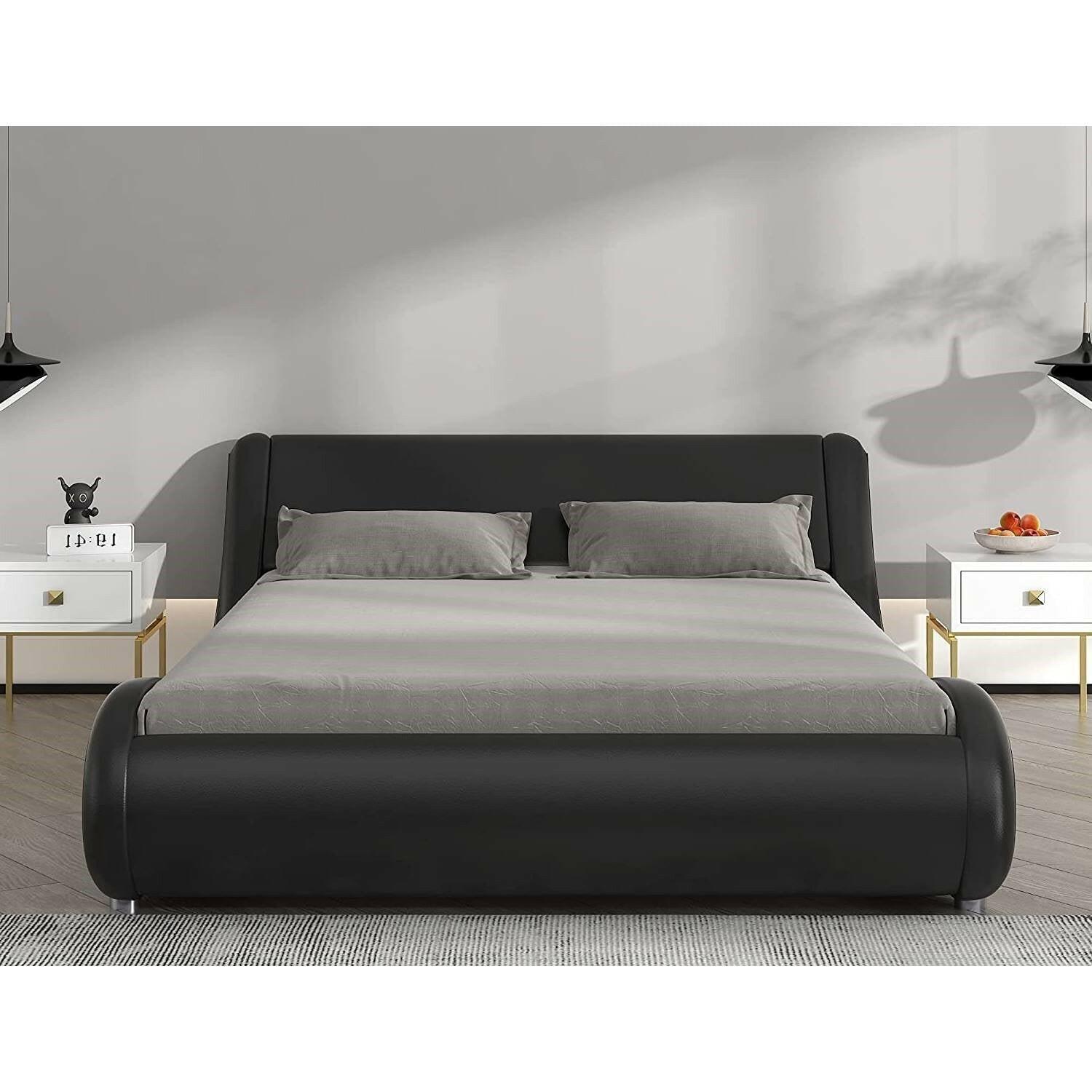 Full Modern Black Faux Leather Upholstered Platform Bed Frame with Headboard - FurniFindUSA