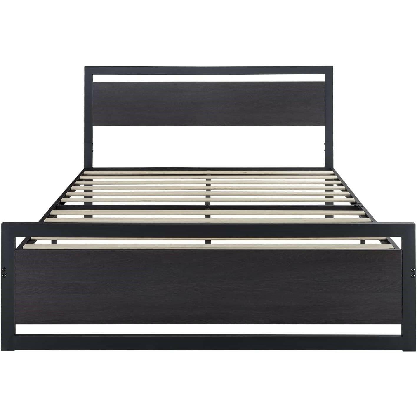 Queen Black Metal Platform Bed Frame with Wood Panel Headboard and Footboard - FurniFindUSA