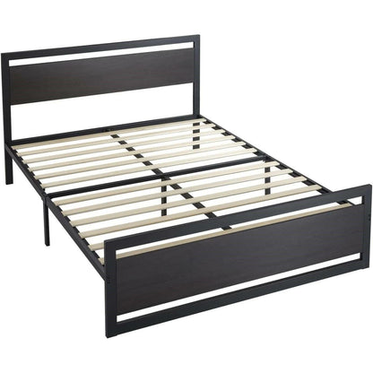 Queen Black Metal Platform Bed Frame with Wood Panel Headboard and Footboard - FurniFindUSA