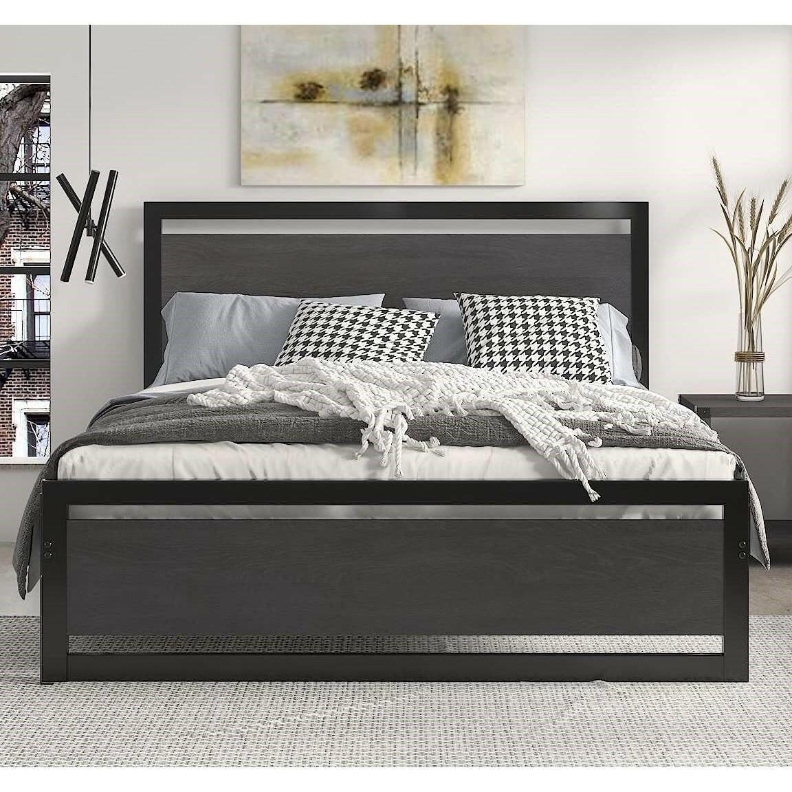 Queen Black Metal Platform Bed Frame with Wood Panel Headboard and Footboard - FurniFindUSA