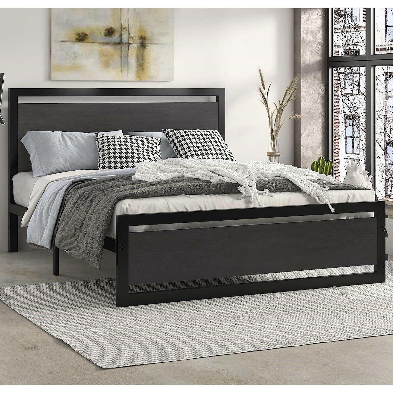 Queen Black Metal Platform Bed Frame with Wood Panel Headboard and Footboard - FurniFindUSA