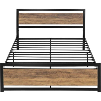 Queen Metal Platform Bed Frame with Brown Wood Panel Headboard and Footboard - FurniFindUSA