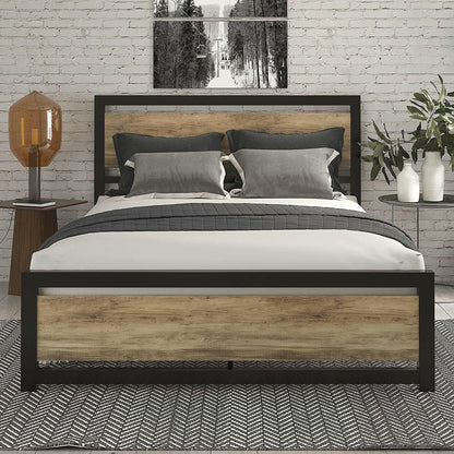 Queen Metal Platform Bed Frame with Brown Wood Panel Headboard and Footboard - FurniFindUSA