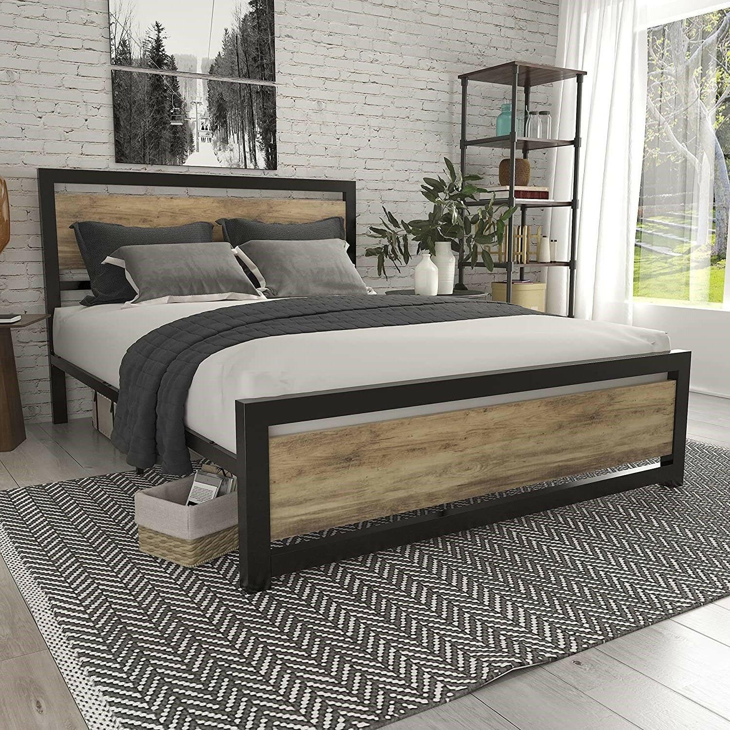 Queen Metal Platform Bed Frame with Brown Wood Panel Headboard and Footboard - FurniFindUSA