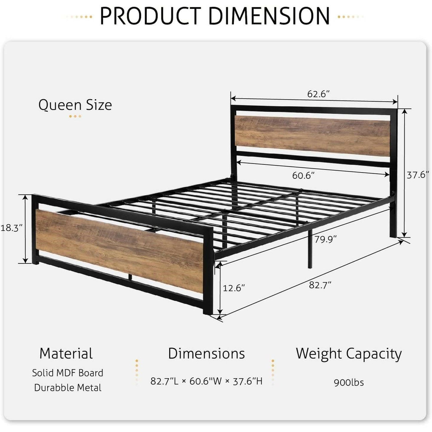 Queen Metal Platform Bed Frame with Brown Wood Panel Headboard and Footboard - FurniFindUSA