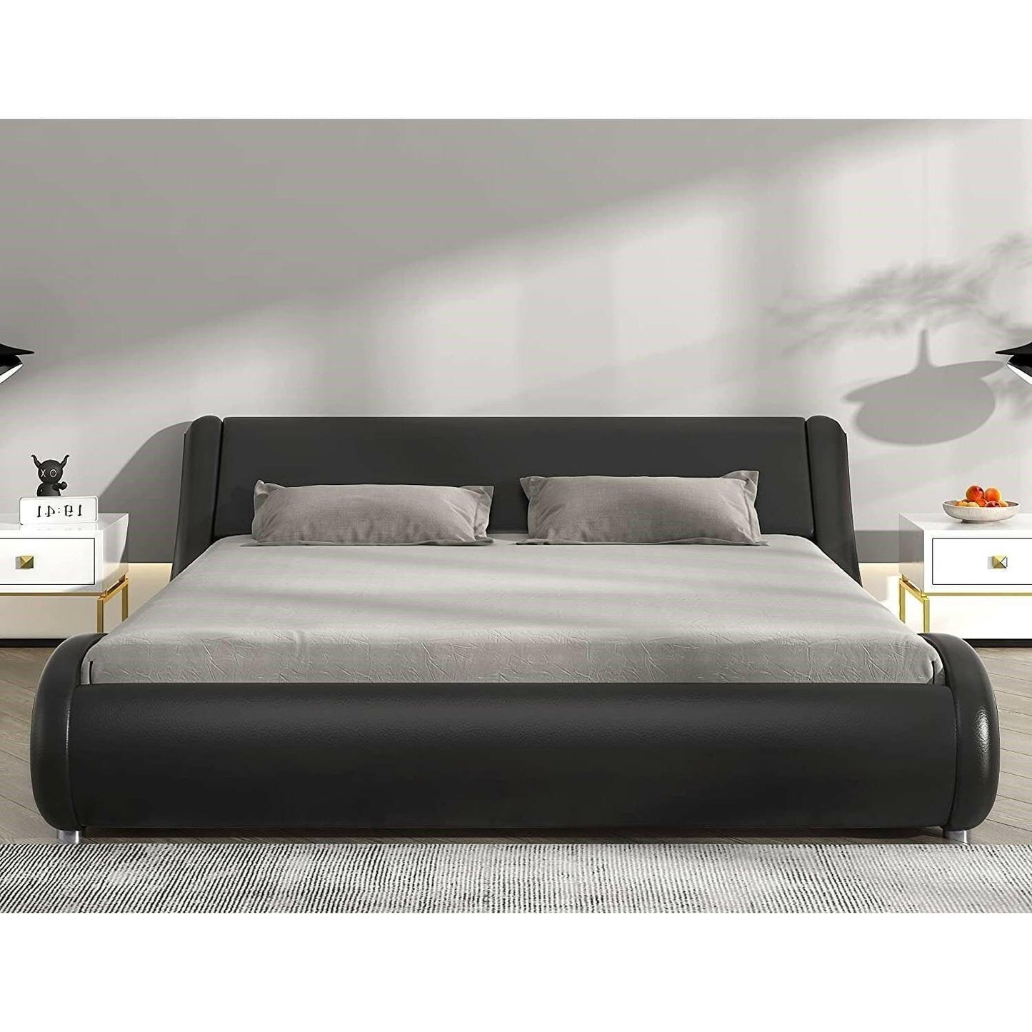 Queen Modern Black Faux Leather Upholstered Platform Bed Frame with Headboard - FurniFindUSA