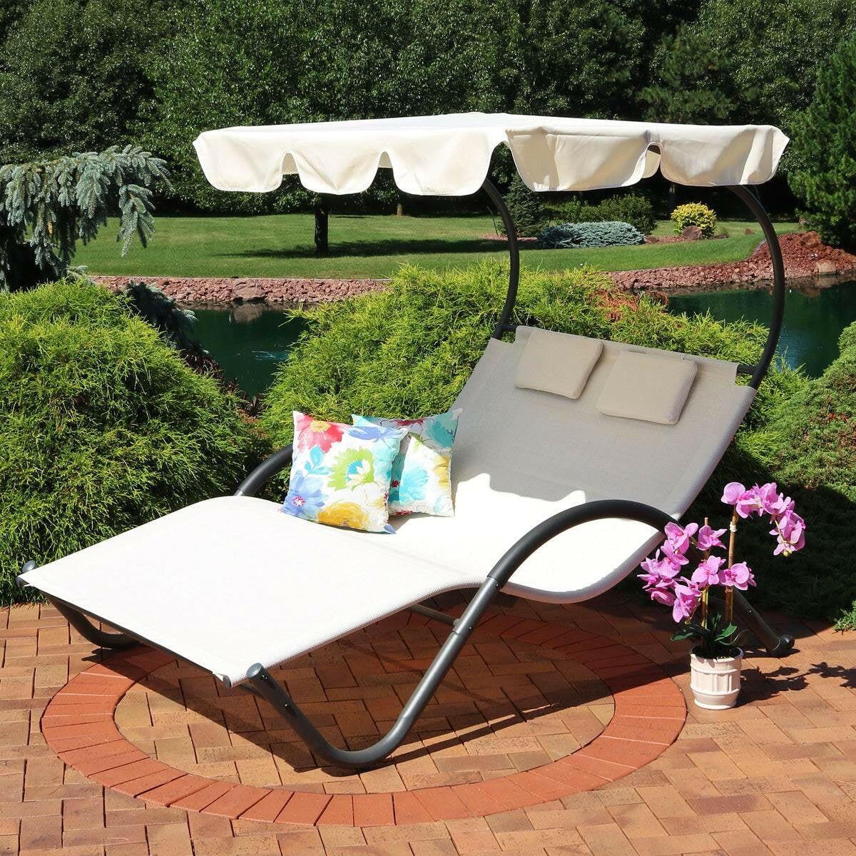 2 Person Off White Outdoor Patio Chaise Lounger Chair Canopy Bed with Pillows - FurniFindUSA