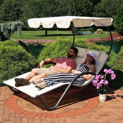 2 Person Off White Outdoor Patio Chaise Lounger Chair Canopy Bed with Pillows - FurniFindUSA