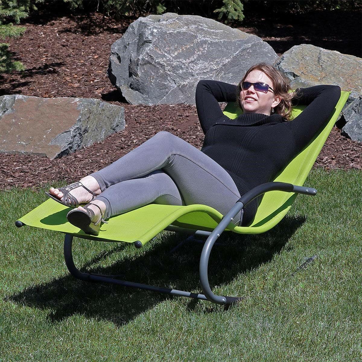 Modern Green Rocking Chaise Lounge Chair Patio Lounger with Pillow - FurniFindUSA