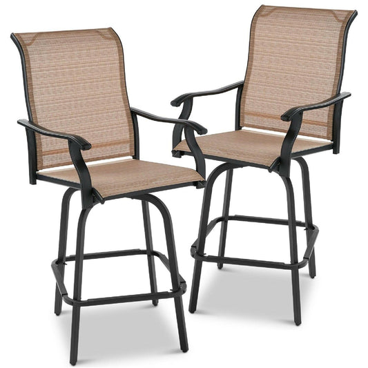 Set of 2 Tan All-Weather Mesh Swivel Barstools - FurniFindUSA