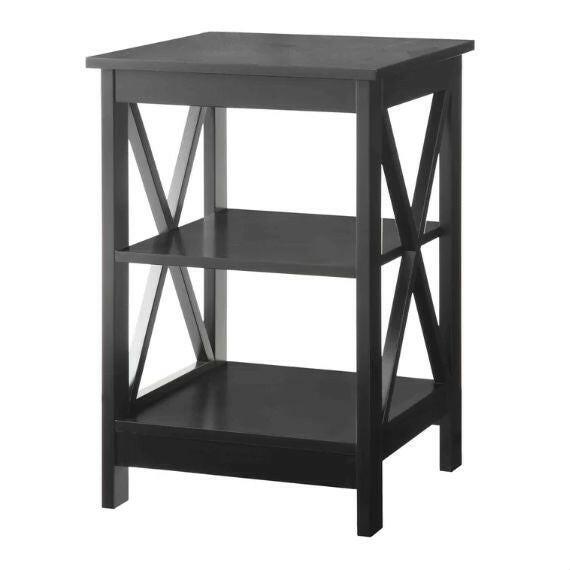 Black Wood X-Design End Table Nightstand with 3 Open Shelves - FurniFindUSA