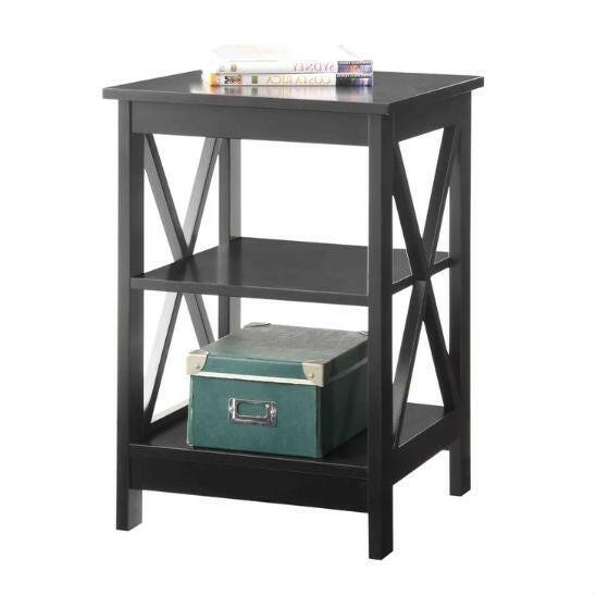 Black Wood X-Design End Table Nightstand with 3 Open Shelves - FurniFindUSA