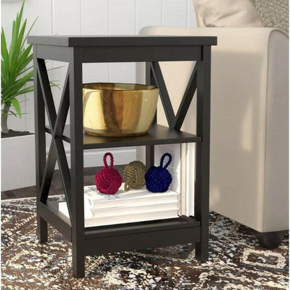 Black Wood X-Design End Table Nightstand with 3 Open Shelves - FurniFindUSA