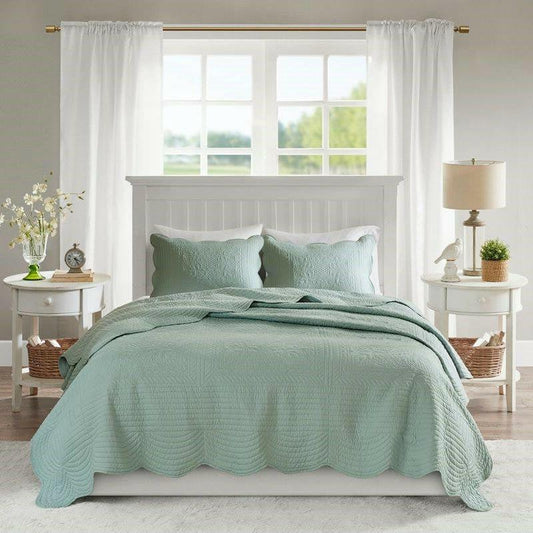 Full/Queen size 3-Piece Reversible Scalloped Edges Microfiber Quilt Set in Seafoam - FurniFindUSA