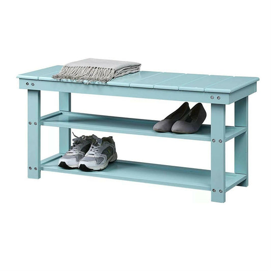 Sea Foam Aqua Blue Wood 2-Shelf Shoe Rack Storage Bench for Entryway or Closet - FurniFindUSA