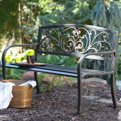 Curved Metal Garden Bench with Heart Pattern in Black Antique Bronze Finish - FurniFindUSA