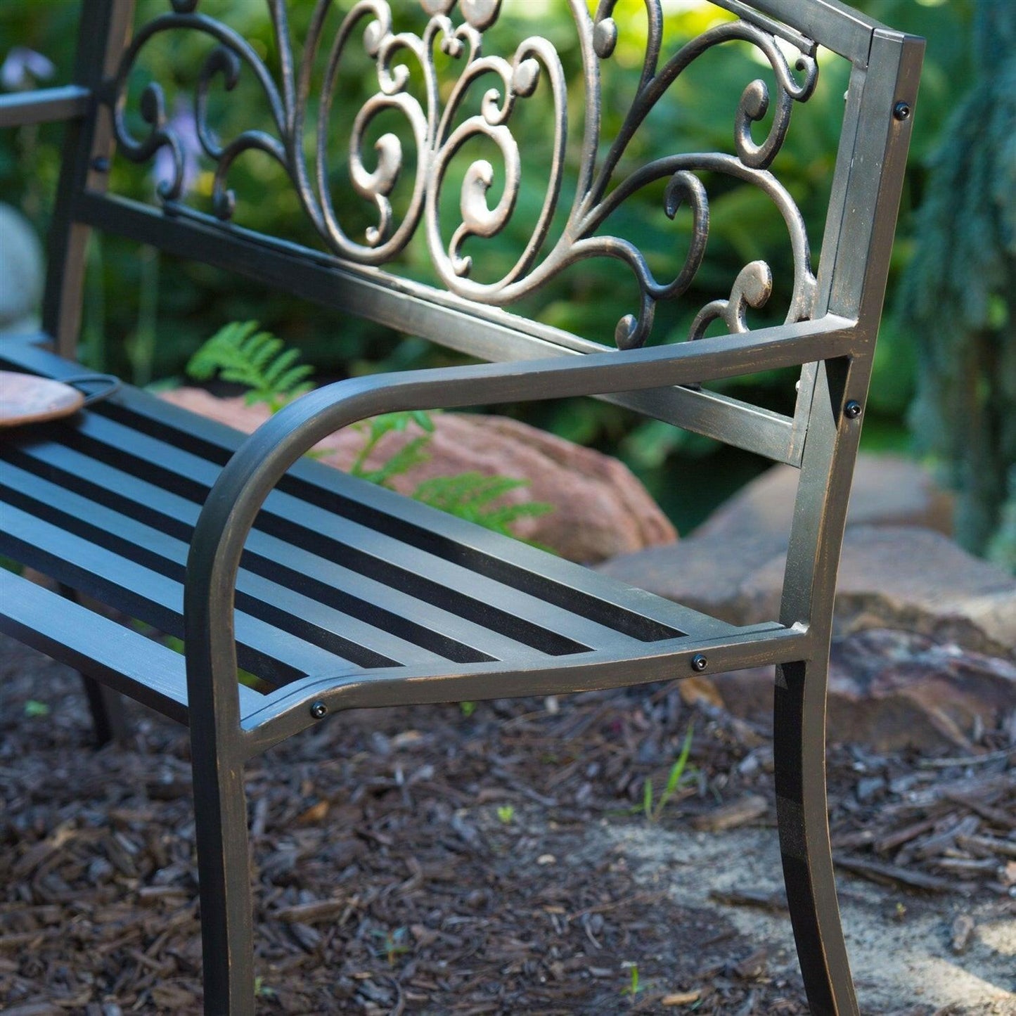 Curved Metal Garden Bench with Heart Pattern in Black Antique Bronze Finish - FurniFindUSA
