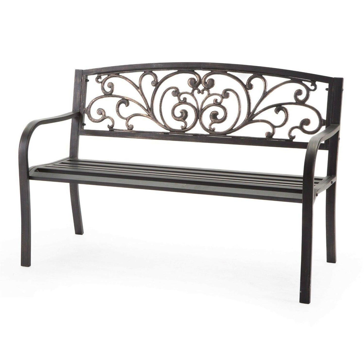 Curved Metal Garden Bench with Heart Pattern in Black Antique Bronze Finish - FurniFindUSA