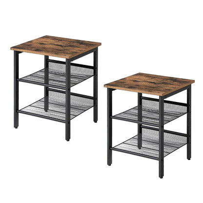 Set of 2 Side Table Nightstand with Medium Wood Finish Top and Mesh Shelves - FurniFindUSA